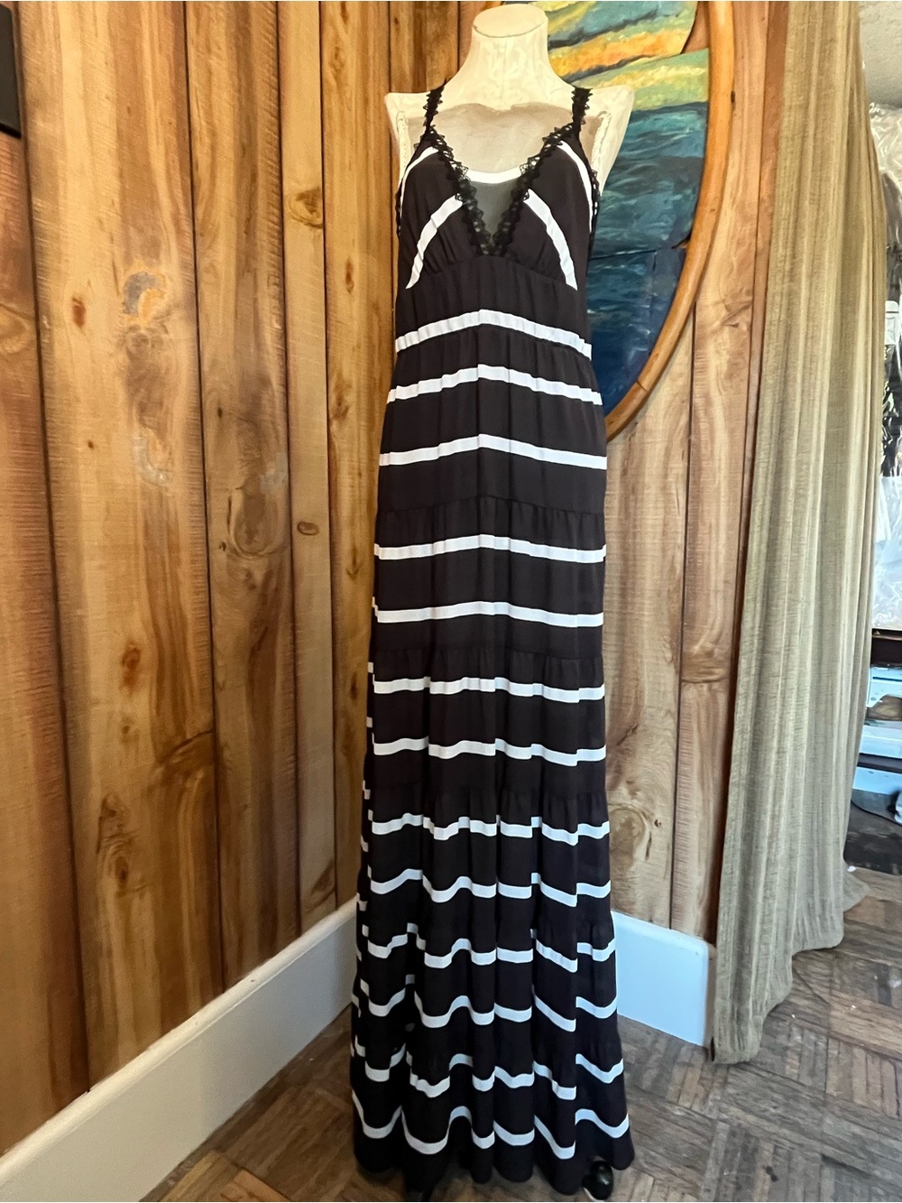 Alice + Olivia Black and White Striped Lace-Trim Maxi Dress